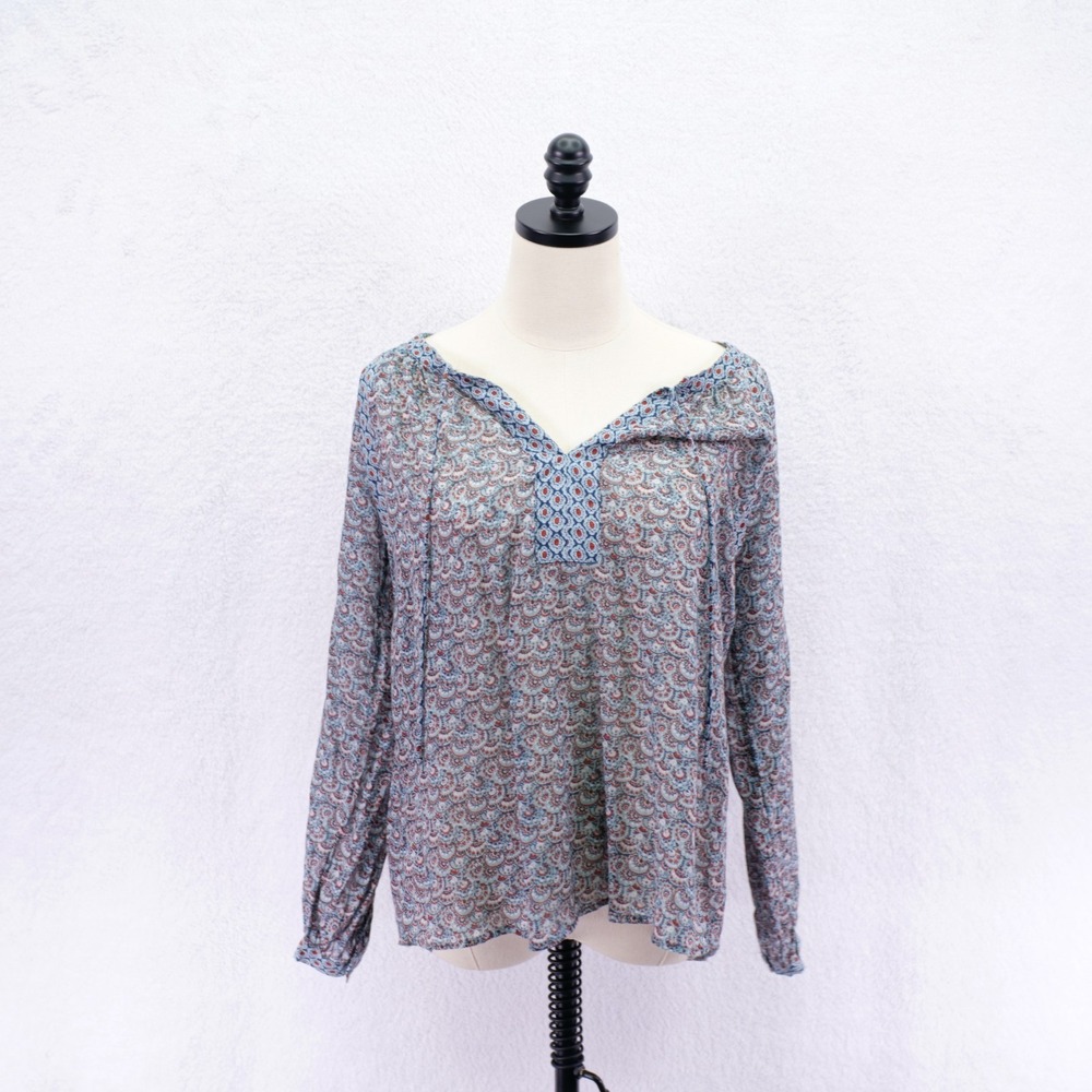 Ann Taylor Loft -XS- Blue Red Floral Geometric Blouse Top Split Neck Cotton Rayo